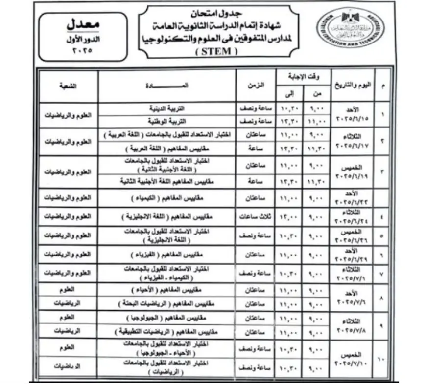 جدول امتحانات الثانوية العامة 2025 لطلاب مدارس المتفوقين