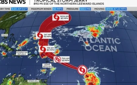 Tropical Storm Jerry Set to Strengthen into Hurricane See its Projected Path Across Central Atlantic