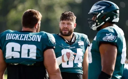 Brett Toth Set to Step Up with Landon Dickerson Sidelined; Jalen Carter and Nakobe Dean Questionable for Giants Clash