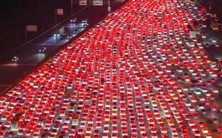 Nearly as Poetic as Jacques Tati: Massive Traffic Jam Unfolds in China