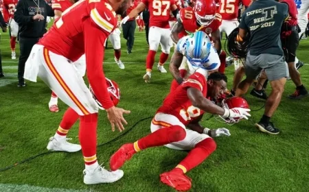Brian Branch of Lions ignites brawl with Chiefs WR after snubbing Patrick Mahomes post-loss