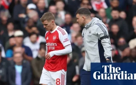 Arsenal’s Martin Ødegaard sidelined for six weeks due to knee injury