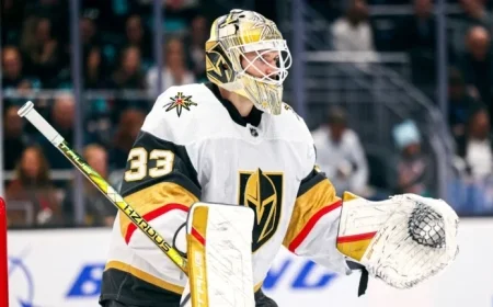 Golden Knights Goalie Adin Hill Leaves Game Against Flames After Mask Hit by Puck