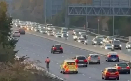 Baffling Scene as Reckless Food Delivery Cyclist Rides Along M4 During Rush Hour Before Police Intervene