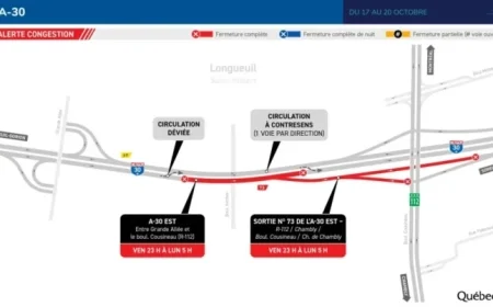 Expect Traffic Delays Due to Wrong-Way Driving on Highway 30 in Longueuil During Weekend of October 17