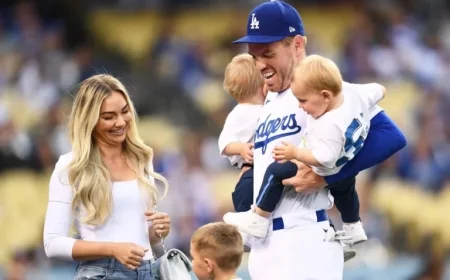 Chelsea Freeman Celebrates Postseason in Dodgers No. 5 Jersey with Sons