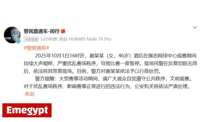 Woman Removed from Shanghai Tennis Match for Disrupting Public Order Police Report