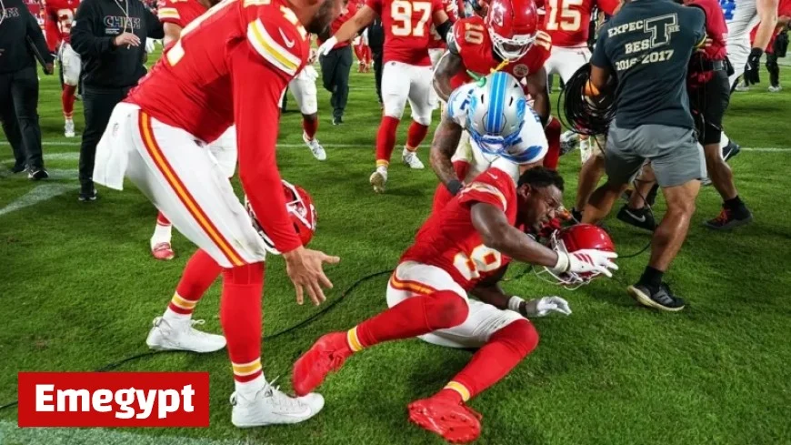 Brian Branch of Lions ignites brawl with Chiefs WR after snubbing Patrick Mahomes post-loss