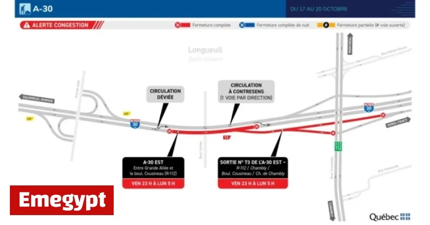 Expect Traffic Delays Due to Wrong-Way Driving on Highway 30 in Longueuil During Weekend of October 17