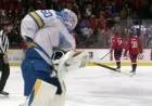 Jordan Binnington Attempts to Conceal Alex Ovechkin’s 900-Goal Puck