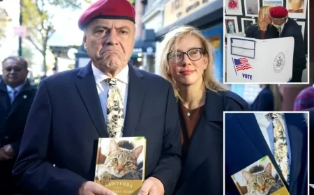 Curtis Sliwa Steals the Spotlight at NYC Polling Station with Eye-Catching Cat Tie and Book for Feline Fans