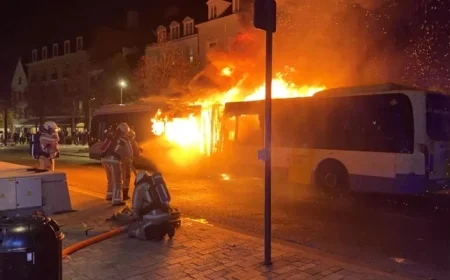De Lijn bus engulfed in flames after FC Barcelona fans ignite Bengal fire
