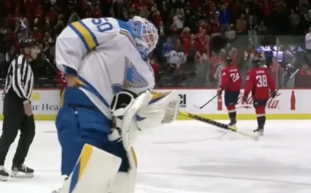 Jordan Binnington Attempts to Conceal Alex Ovechkin’s 900-Goal Puck