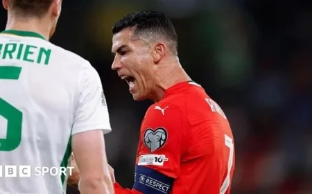 Nathan Collins of Republic of Ireland perplexed by Cristiano Ronaldo’s iconic celebration against Portugal