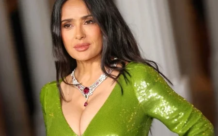 Salma Hayek Stuns in Velvet Bodycon Dress with Old Hollywood Side Part