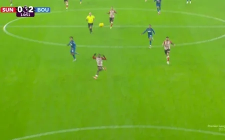 Epic Goal Bournemouth’s Tyler Adams Outsmarts Sunderland Keeper Robin Roefs with Stunning Lob from Midfield