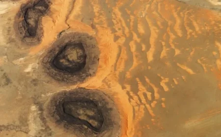 Paleozoic Black Mesas Create Rare Sahara Sand Dunes from Space