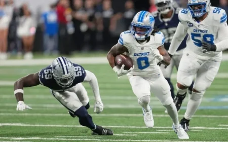 Jahmyr Gibbs’ Hat-Trick Leads Detroit Lions to Thrilling 44-30 Victory Over Dallas Cowboys in NFL Showdown
