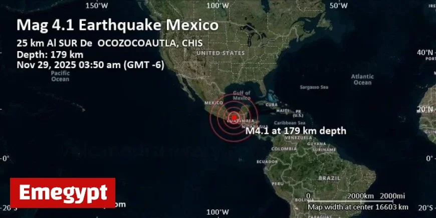 Moderate 4.1 Magnitude Earthquake Strikes 35 km Southwest of Tuxtla Chiapas Mexico on November 29 2025 at 3:50 AM GMT -6