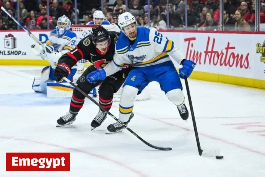 Blues Forward Jordan Kyrou Exits Game Early Facing Senators
